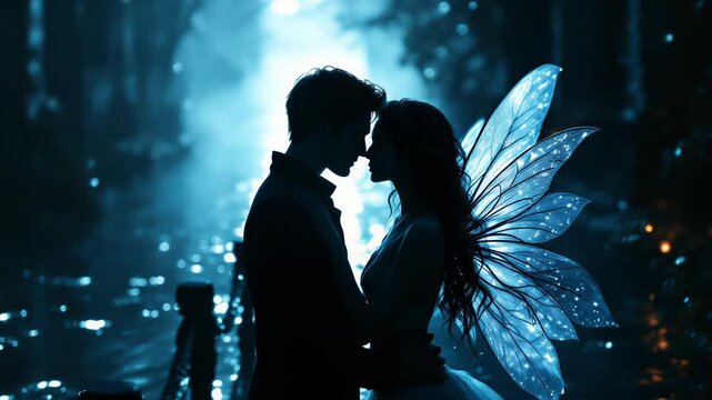 Magical tableau with bright winged entities and glistening reflections
