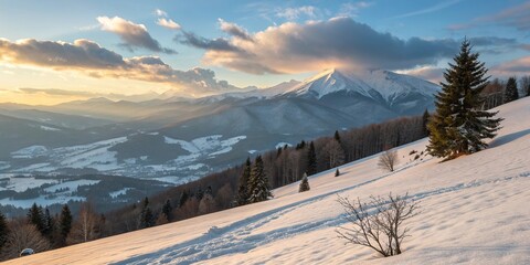Winter Carpatian mountain sunrise landscape with snowy hills and pine trees