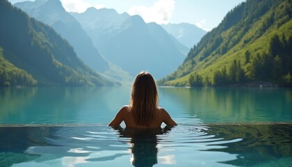 Woman bathes in tranquil infinity pool overlooking serene lake and majestic green mountains. She enjoys peaceful mountain panorama, natural beauty, and calm water.