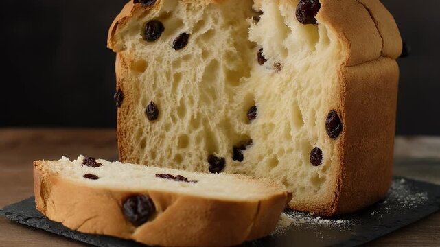 Close-up of a freshly baked raisin bread loaf with a slice cut on a dark surface.