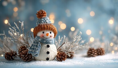 Cute snowman with knitted hat and scarf in snowy winter scene, Christmas decoration with frosty branches and bokeh lights