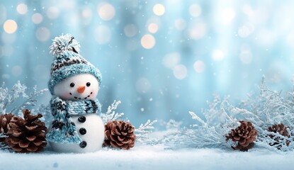 Cute snowman with knitted blue hat and scarf in snowy winter scene, Christmas decoration with frosty branches and bokeh lights