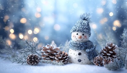 Cute snowman with knitted blue hat and scarf in snowy winter scene, Christmas decoration with frosty branches and bokeh lights
