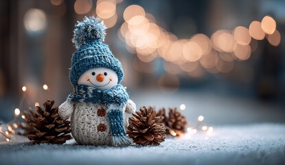 Cute snowman with knitted blue hat and scarf in snowy winter scene, Christmas decoration with warm bokeh lights