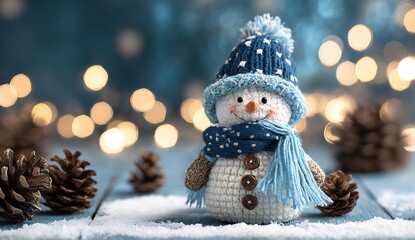 Cute snowman with knitted blue hat and scarf in snowy winter scene, Christmas decoration with soft bokeh lights
