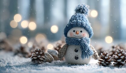 Cute snowman with knitted blue hat and scarf in snowy winter scene, Christmas decoration with soft bokeh lights