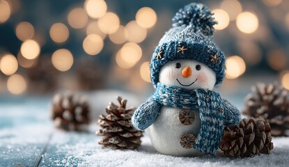 Cute snowman with knitted blue hat and scarf in snowy winter scene, Christmas decoration with warm bokeh lights