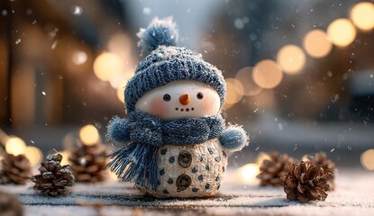 Cute snowman with knitted blue hat and scarf in snowy winter scene, Christmas decoration with warm bokeh lights