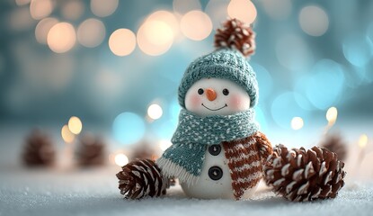 Cute snowman with knitted blue hat and scarf in snowy winter scene, Christmas decoration with soft bokeh lights