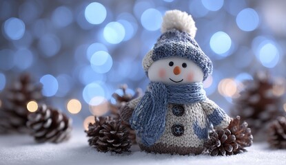 Cute snowman with knitted blue hat and scarf in snowy winter scene, Christmas decoration with soft bokeh lights