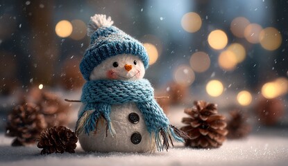 Cute snowman with blue hat and scarf in snowy winter scene, Christmas decoration with warm bokeh lights