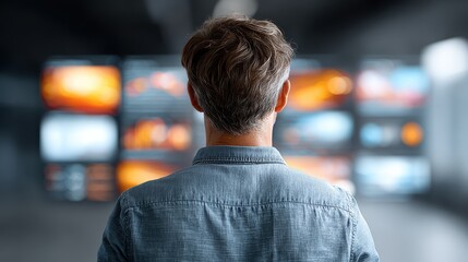 Man Analyzing Digital Data Screens: Future Technology Insights