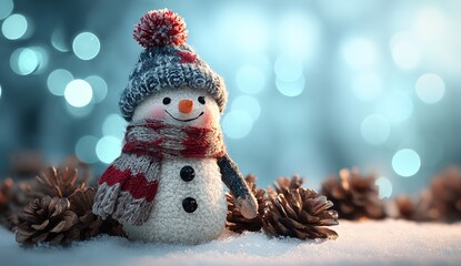 Cute snowman with knitted hat and scarf in snowy winter scene, Christmas decoration with bokeh lights