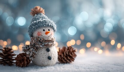 Cute snowman with hat and scarf in snowy winter scene, Christmas decoration with bokeh lights