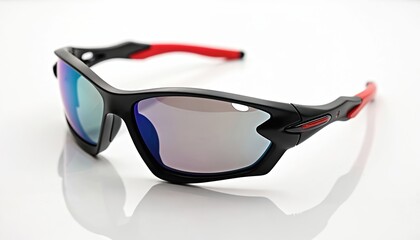 Black sports sunglasses with red accents have mirrored lenses. These protective eyewear pieces are designed for active lifestyles and outdoor pursuits. Ideal for cycling running or driving.