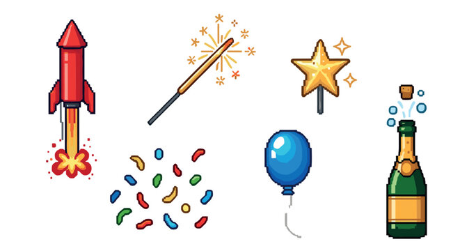 Collection of pixel art celebration icons including a firework rocket, sparkler, champagne, balloon, confetti, and star wand in a retro 8-bit video game style