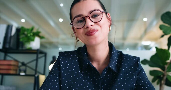 Face, smile and video call with business woman in office for communication, discussion or update. Conversation, pov and virtual meeting with happy employee in workplace for development webinar
