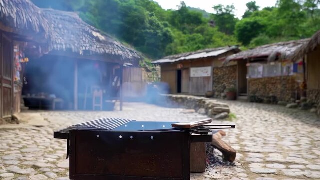 An outdoor grill sits amid rustic homes with thatch roofs, smoke rising into the air