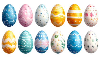 Twelve vibrant Easter eggs with varied intricate painted designs and colors