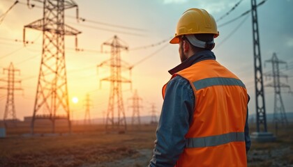 Worker in hard hat and safety vest watches power pylons during sunset. Man supervises electricity transmission lines in outdoor industrial field. Dusk sky above infrastructure.