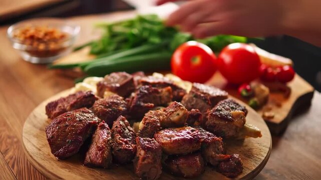 Cooked meat arranged on a wooden plate, surrounded by tomatoes, green onions, herbs, and condiments