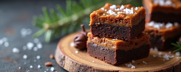 Chocolate brownies with caramel topping and sea salt are stacked on a rustic wooden board. A rich, decadent dessert perfect for any occasion. Gooey center, sweet and salty flavor.