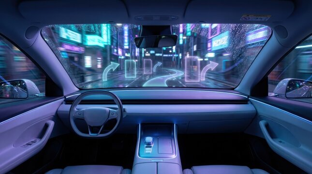 Autonomous vehicle navigating a futuristic cityscape at night with neon lights.