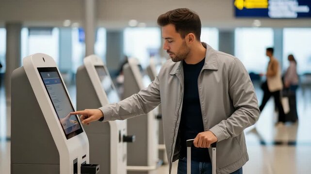 visitor casually chooses preferred airline and flight in lively terminal area