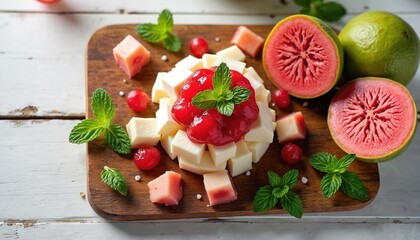 Guava paste and cheese cubes arranged on wooden board with mint leaves and berries. Whole and sliced guavas present. Fruit dessert on rustic surface.