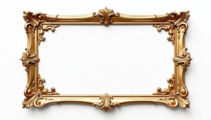 Antique ornate gold frame. Ornate rectangular border with decorative swirls and leaf motifs. Elegant, classic, and luxurious design element for presentations or artwork.