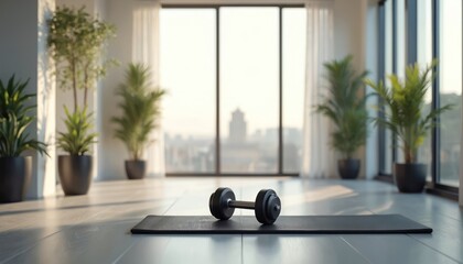 Dumbbell on exercise mat in bright modern room with plants. Large windows offer city view. Minimalist space for workout, strength training, and wellness.