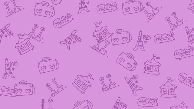 Purple background with drawings of paris icons in various colors. Perfect for travel posters, social media graphics, and frenchthemed designs.