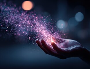 Hand releasing glowing magical particles in dark bokeh background, fantasy energy concept