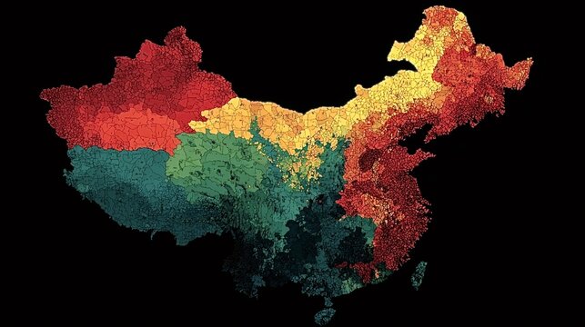 China map displaying geographic data with a colorful visualization, abstract regions highlighting population density or other demographic information across different administrative areas