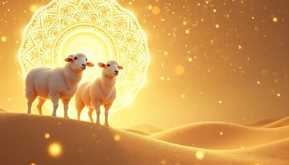 Two fluffy lambs stand on sand dunes under glowing sun mandala. Warm desert scene celebrates Islamic holidays with symbolic representation of sacrifice, faith. Ideal for religious event invitations.