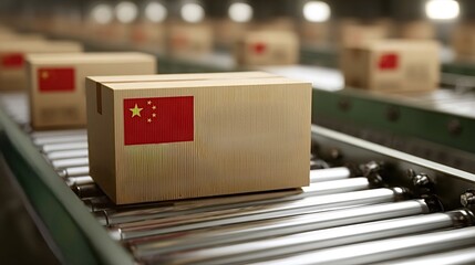 Cardboard boxes featuring the chinese flag are moving along a production line conveyor belt, symbolizing global trade, logistics, and manufacturing processes from asia