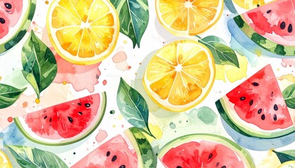 watercolor summer fruit pattern with watermelon and lemon