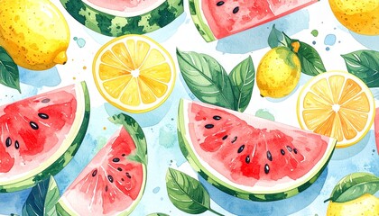 watercolor summer fruit pattern with watermelon and lemon