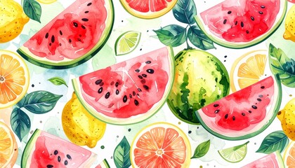 watercolor summer fruit pattern with watermelon and lemon
