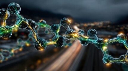 Abstract Molecular Structure with City Lights Background at Night