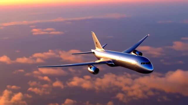 A polished silver aircraft soars through a sunset sky with visible clouds