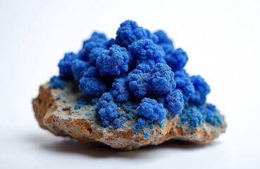 Close-up macro shot of bright blue azurite mineral formation on light brown rock. Deep blue crystalline clusters grow on rough stone surface, isolated on white background. Natural geode texture
