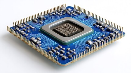 Central processing unit sitting on a microchip, representing advanced computer technology, digital innovation, artificial intelligence, and global connectivity on a clean background