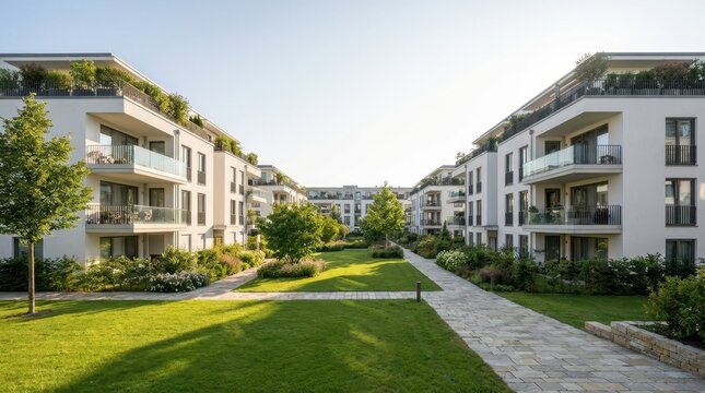 Modern apartment buildings with green spaces and a sunny atmosphere