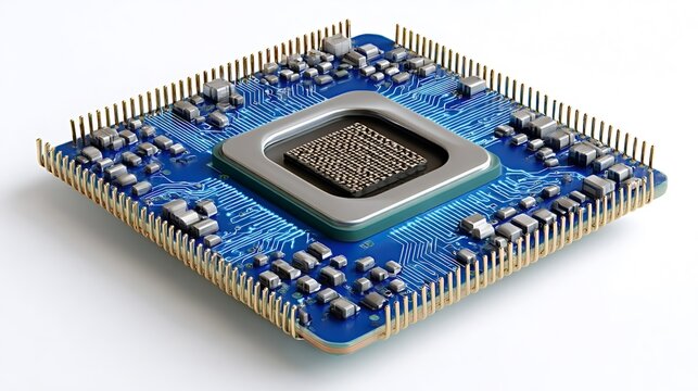 Central processing unit sitting on a microchip, representing advanced computer technology, digital innovation, artificial intelligence, and global connectivity on a clean background - Powered by Adobe