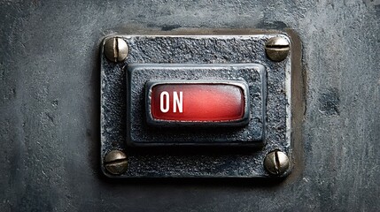 Industrial metal control panel featuring a prominent red rectangular power button with the word on illuminated, representing activation, startup, and the beginning of an operation or process