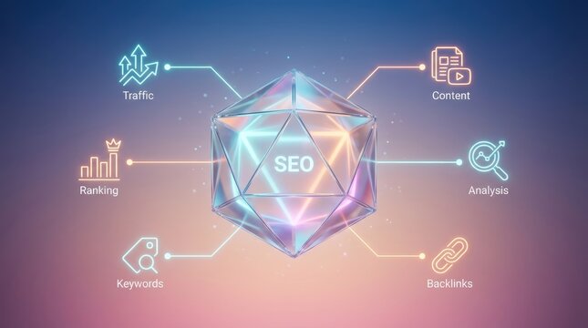 SEO concept with crystal sphere and connected icons on gradient background