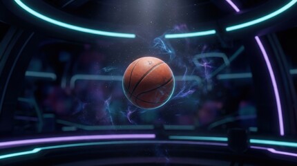 Basketball floating in a futuristic, neon-lit environment with cosmic effects