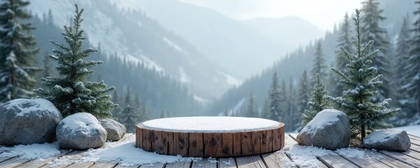Naklejka premium Rustic wooden podium covered in snow sits in a frosty forest with snow clad mountains. Evergreen trees and rocks create a winter scene. Ideal for product display.