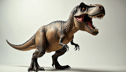 Fototapeta premium Tyrannosaurus Rex model poses with mouth open revealing sharp teeth. Dinosaur stands on light grey studio background, showing scaled skin texture and powerful build. Realistic prehistoric predator.